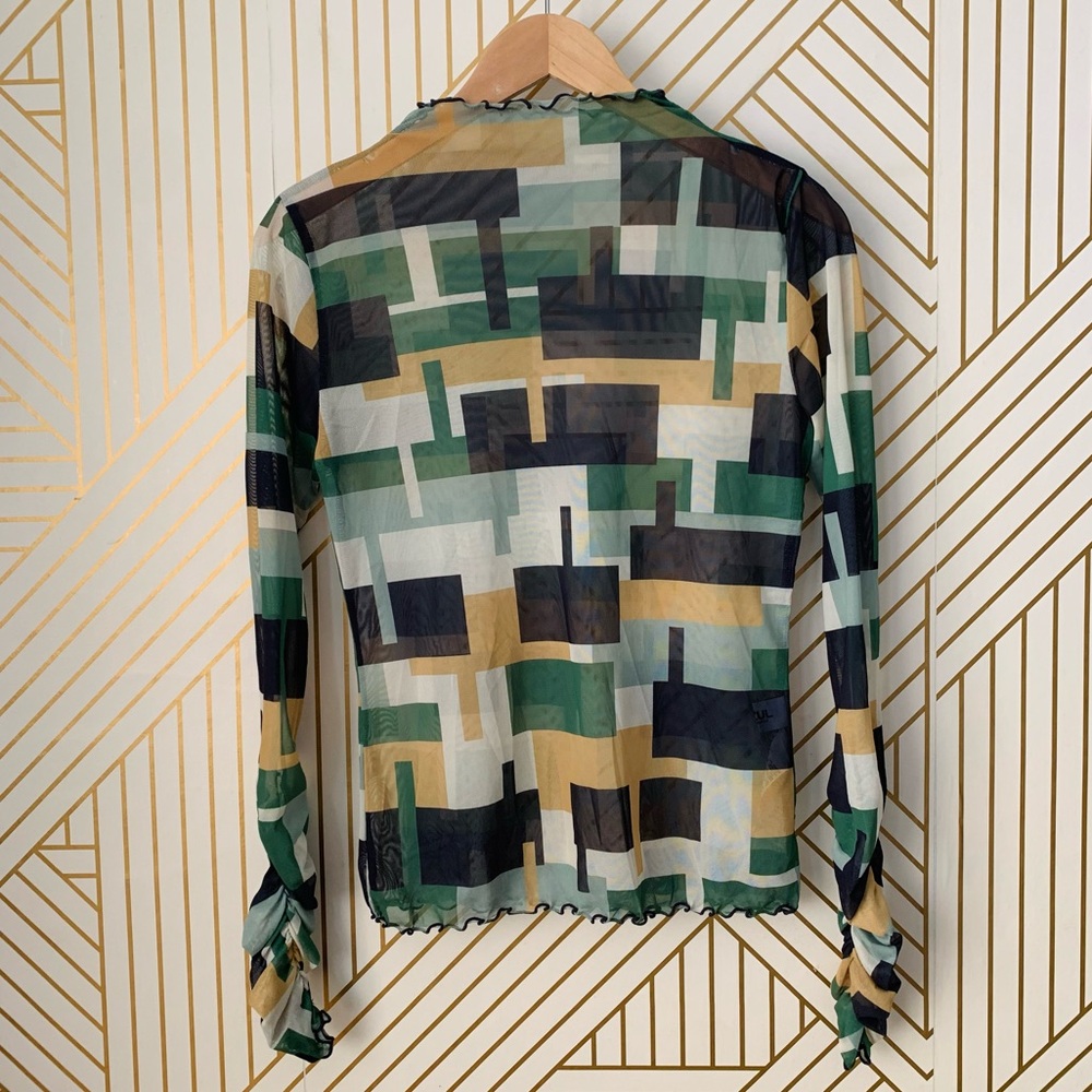 Azul By Moussy Y2K mesh lettuce hem geometric abstract long sleeve tee 2000s 90s
